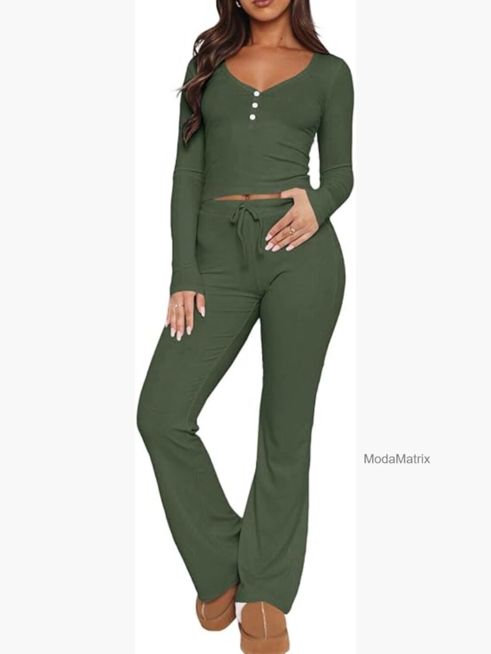 Medium Long Sleeve Crop Top Button Down V-Neck Pajama Set Rayon Lounge